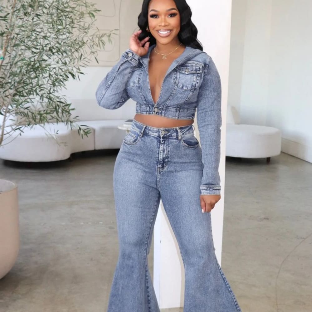 Vintage Denim Two Piece Set: Turn-down Collar Crop Top + Flare Pants - Women's Streetwear Suit